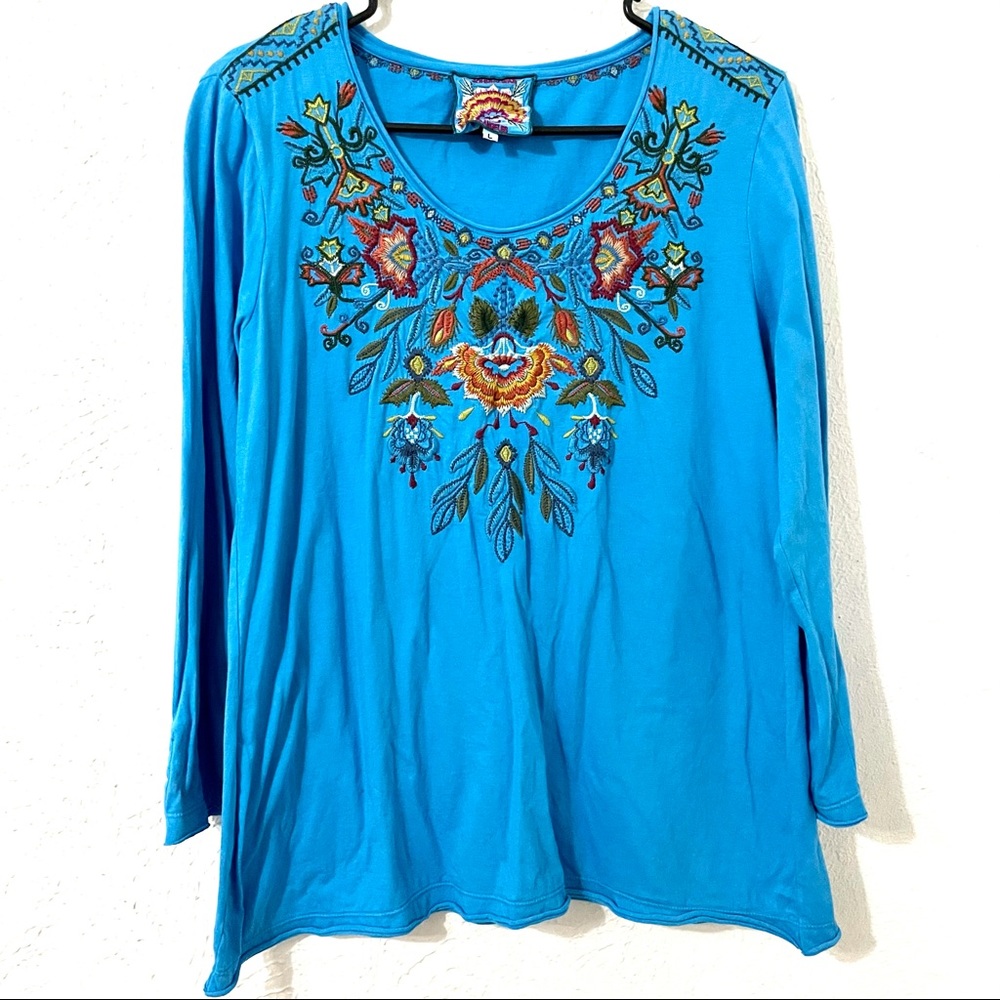 Johnny Was Blue Embroidered Shirt L